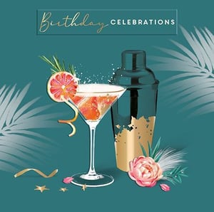 A birthday card with a martini glass and a shaker.