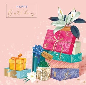 A birthday card with a stack of gifts and a plant on a pink background.