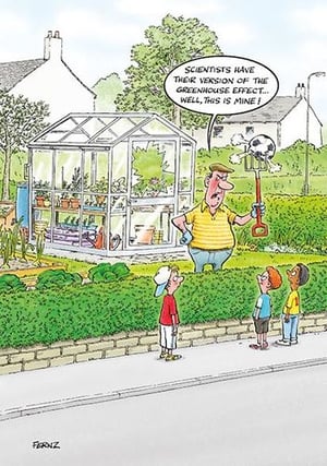 A cartoon of a man holding a shovel in front of a greenhouse. (No grammatical errors)