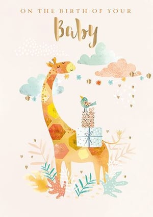 A giraffe with gifts and a bird on its back are on a baby shower card.