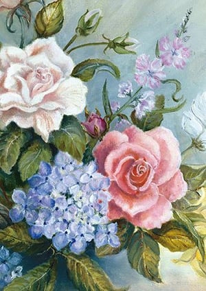 A painting of pink roses and blue hydrangea flowers in a vase.