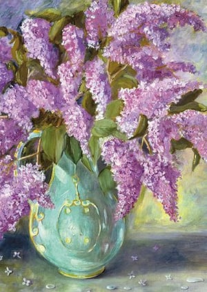 A painting of purple flowers in a blue vase on a table.