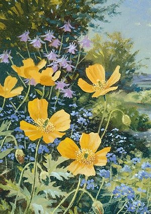 A painting of yellow flowers and blue flowers in a garden.