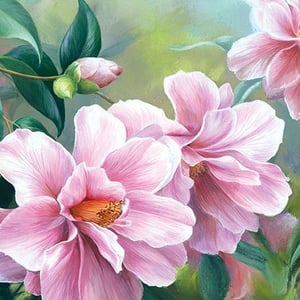 A close-up of a painting of pink flowers with green leaves.