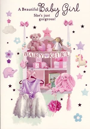 A baby girl card features a teddy bear sitting on the moon.
