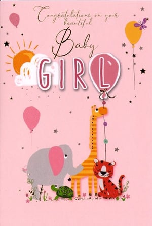 A congratulations card for a baby girl with a pink elephant holding a heart-shaped balloon.