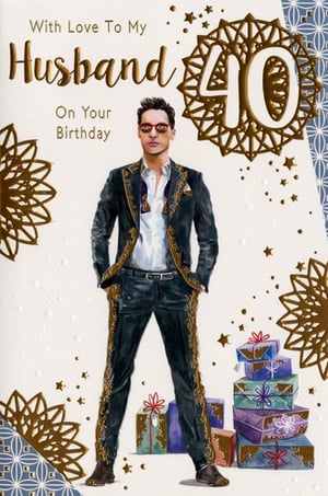 A 40th birthday card with a man in a suit.