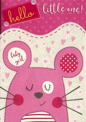 A baby girl card with a pink mouse and the words "hello little one".