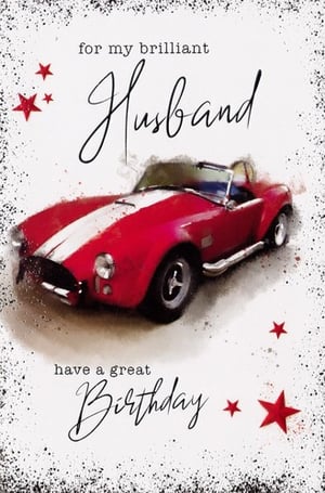 A birthday card for a husband with a red sports car on it.