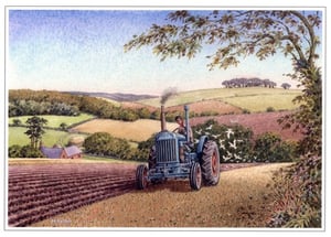 A painting of a Ford tractor ploughing a field.