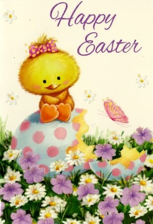 A Happy Easter card with a chick sitting on an Easter egg.
