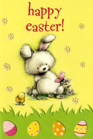 A Happy Easter card with a bunny and eggs.