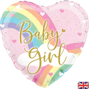 A heart-shaped balloon that says "baby girl" on it.