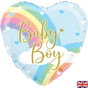 A heart-shaped balloon that says "baby boy" on it.