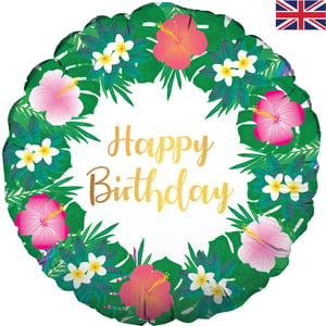 A happy birthday balloon with flowers and leaves.