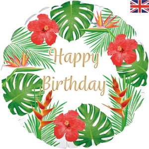 A happy birthday balloon with tropical flowers and leaves.