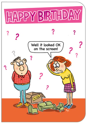 A happy birthday card with a cartoon of a man and woman.