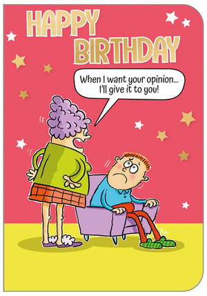 A happy birthday card with a man sat in a chair.