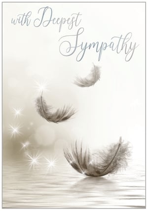 a sympathy card with feathers and the words " with deepest sympathy "