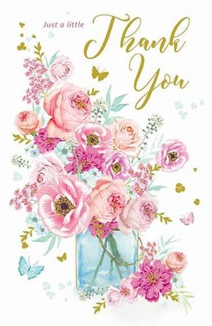 A thank you card with a vase filled with pink flowers and butterflies.