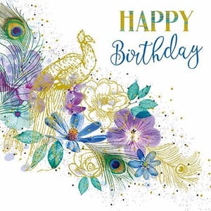 A happy birthday card with a peacock surrounded by flowers and peacock feathers.