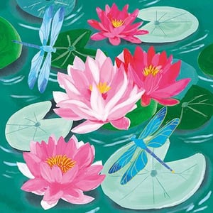 A painting of water lilies and dragonflies in a pond.
