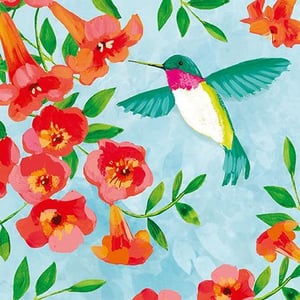 It is a painting of a hummingbird surrounded by flowers.