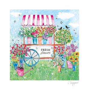 A painting of a flower stand with flowers and a watering can.