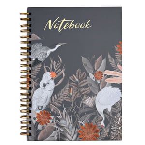 A notebook with birds and flowers is on the cover.