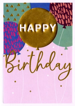 A birthday card with balloons and the words "Happy Birthday."