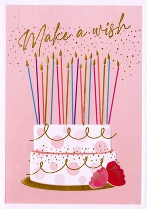 A birthday card with a cake and candles that says "make a wish."