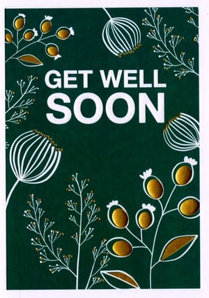 A "get well soon" card with flowers on a green background.
