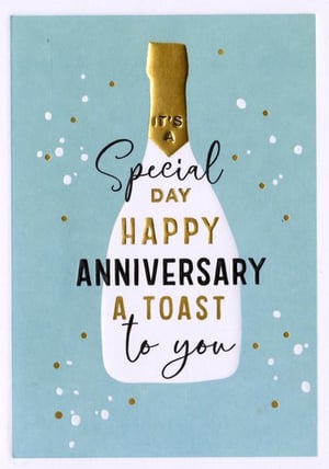 A card that says "It's a special day, happy anniversary." A toast to you!