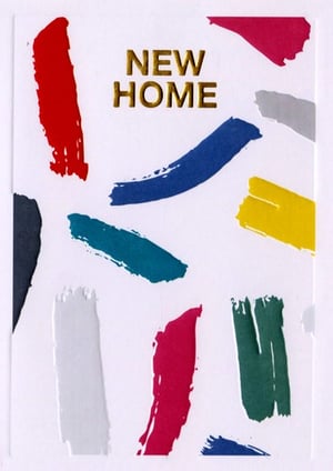 A new home card with colorful brushstrokes on a white background.