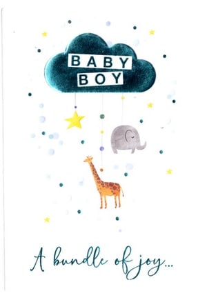 A baby boy greeting card with a giraffe, elephant, and cloud.