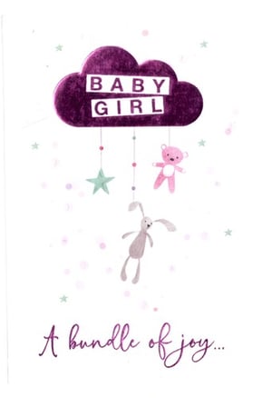 A baby girl greeting card that says "a bundle of joy."