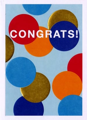 A congratulations card with colorful circles on a blue background.