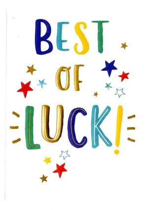 A colorful greeting card that says "Best of luck."