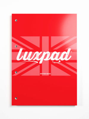 A red sign that says "Luxpad" on it.

(Note: The sentence is grammatically correct as it is.)