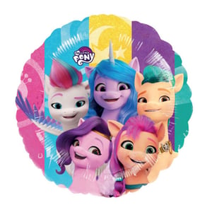 A My Little Pony balloon with a bunch of ponies on it.