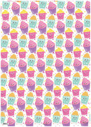 A pattern of cupcakes with faces on them is on a white background.