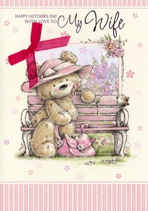 A Mother's Day card with a teddy bear sitting on a bench.