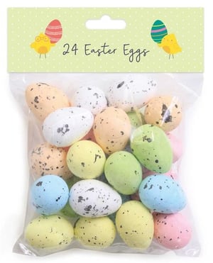 A bag of Easter eggs with a picture of a chicken on it.
