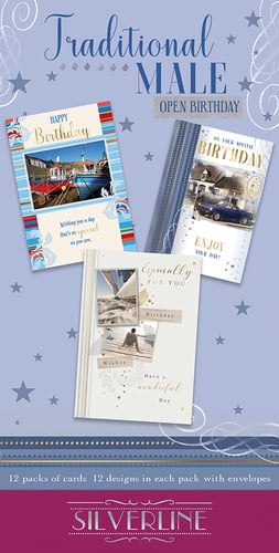 A package of traditional male open birthday cards by Silverline.