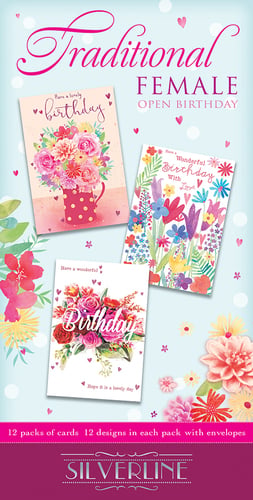 Open traditional birthday cards by Silverline for females.