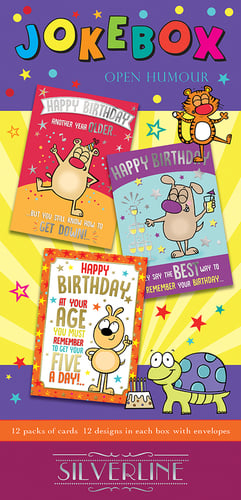 A box of jokebox open humor birthday cards.