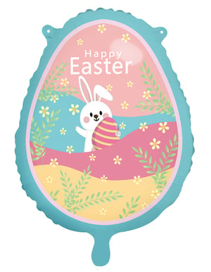 A Happy Easter balloon with a bunny holding an egg.