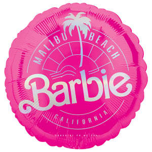 a pink balloon that says barbie malibu beach california