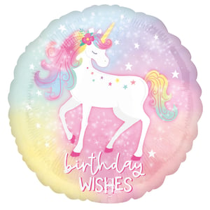 a birthday wishes balloon with a unicorn on it