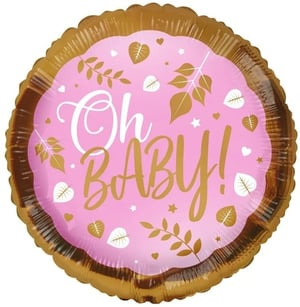a pink and gold balloon that says oh baby